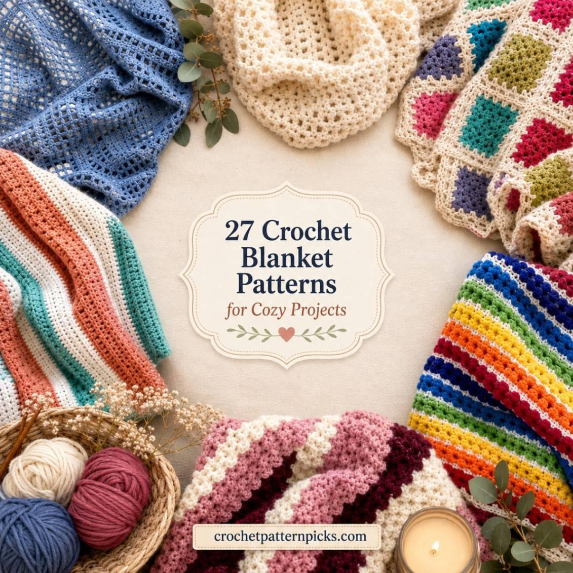 Cozy crochet blanket patterns displayed in various colors and textures.