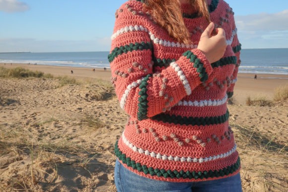 Beads and Bobbles Sweater — crochet sweater patterns Crochet sweater with beads and bobbles in a beach setting — crochet sweater patterns