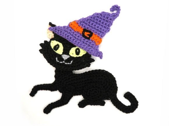 Halloween Cat Appliqué — Crochet Halloween Patterns Crochet Halloween cat appliqué with a purple hat — Crochet Halloween Patterns