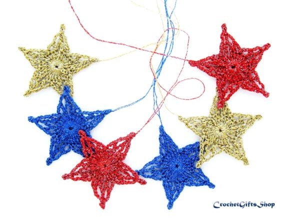 Crochet Star Ornaments — Crochet Christmas Ornaments Patterns Crochet Christmas star ornaments in red, blue, and gold yarn — Crochet Christmas Ornaments Patterns