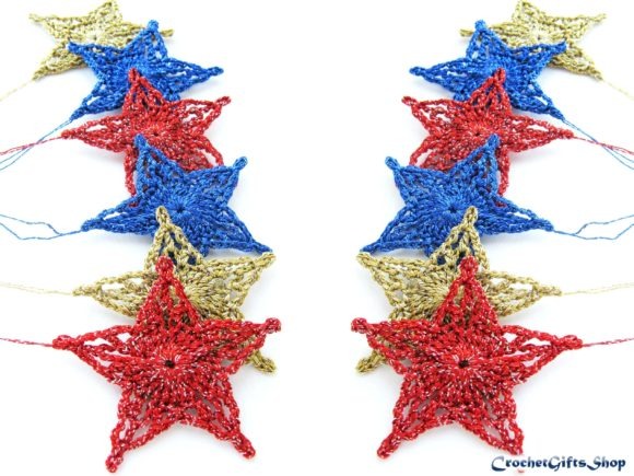 Crochet Star Ornaments — Crochet Christmas Ornaments Patterns Crochet Christmas star ornaments in red, blue, and gold yarn. — Crochet Christmas Ornaments Patterns