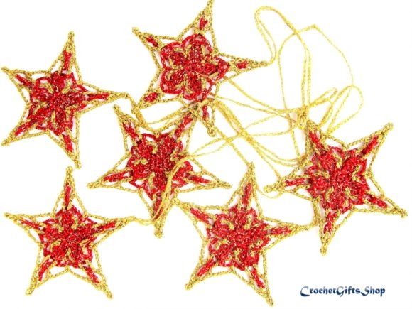 Crochet Christmas Star Ornaments — Crochet Christmas Ornaments Patterns Crochet Christmas star ornaments with red and gold details — Crochet Christmas Ornaments Patterns