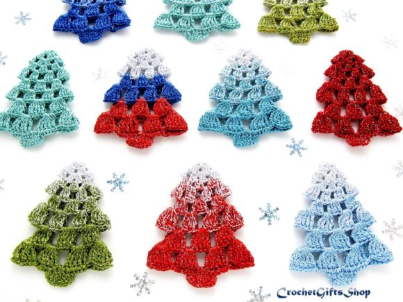 Crochet Christmas Tree Ornaments — Crochet Christmas Ornaments Patterns Crochet Christmas Ornaments Patterns featuring flat crocheted Christmas trees in various colors.