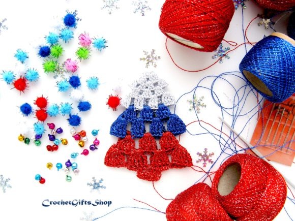 Crochet Christmas Tree Ornament — Crochet Christmas Ornaments Patterns Crochet Christmas tree ornament with colorful yarn and embellishments — Crochet Christmas Ornaments Patterns