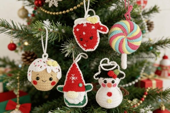 Crochet Christmas Ornaments — Crochet Christmas Ornaments Patterns Crochet Christmas Ornaments Patterns featuring gingerbread, mitten, lollipop, snowman, and gnome.