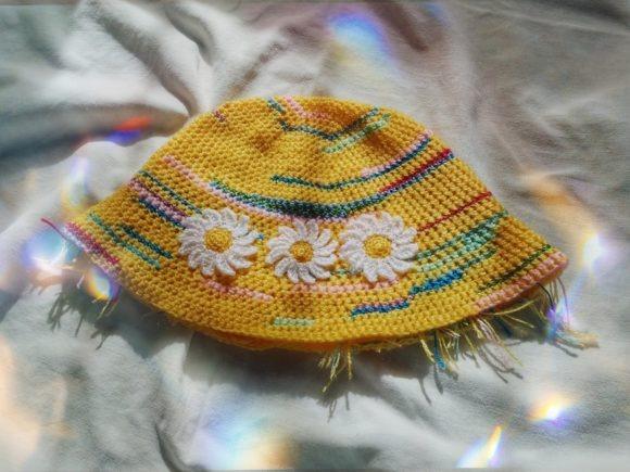 Crochet Bucket Hat — crochet bucket hat patterns Crochet bucket hat with yellow base and floral design — crochet bucket hat patterns