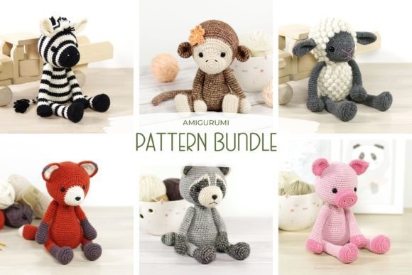 Six-Animal Crochet Pattern Bundle — amigurumi crochet patterns Six-animal crochet pattern bundle featuring zebra, monkey, sheep, fox, raccoon, and pig. — amigurumi crochet patterns
