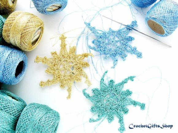 Crochet Snowflake Patterns — Crochet Christmas Ornaments Patterns Crochet Christmas Ornaments Patterns featuring snowflakes in blue and gold threads.
