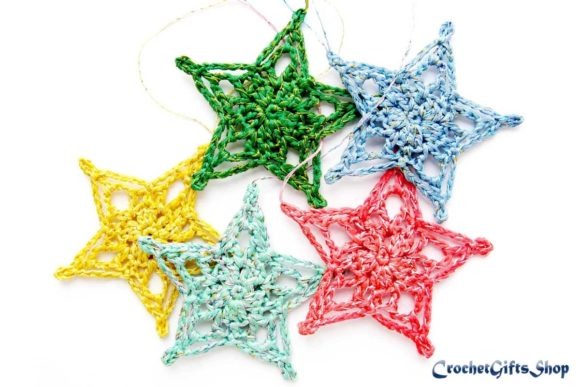 Crochet Star Ornaments — Crochet Christmas Ornaments Patterns Colorful crochet star ornaments in green, blue, yellow, red, and light blue with — Crochet Christmas Ornaments Patterns