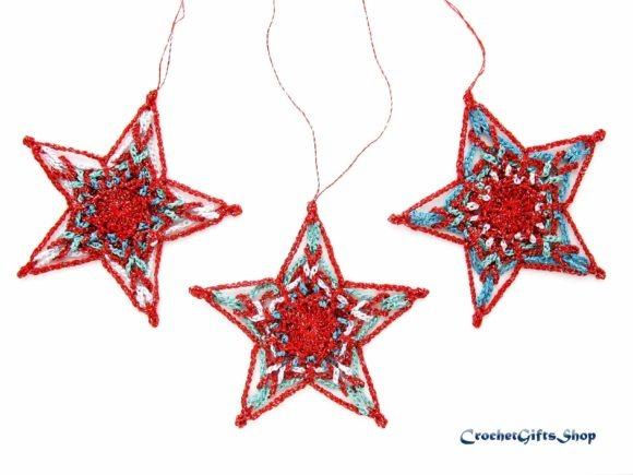 Crochet Star Christmas Ornaments — Crochet Christmas Ornaments Patterns Crochet Christmas star ornaments in red and blue with intricate designs. — Crochet Christmas Ornaments Patterns