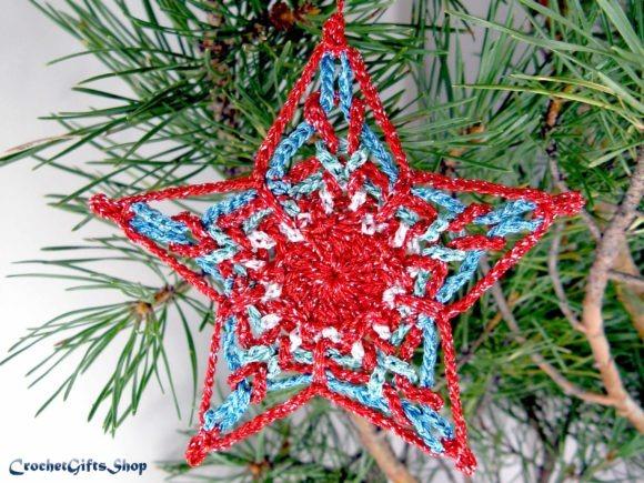 Crochet Star Ornament — Crochet Christmas Ornaments Patterns Crochet Christmas star ornament with red and blue details — Crochet Christmas Ornaments Patterns