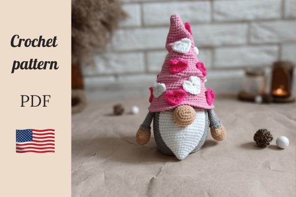 Valentine Gnome Crochet Pattern — Valentine crochet patterns Valentine crochet patterns featuring a gnome with a pink hat and heart decorations.