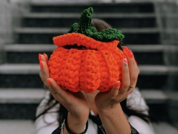 Crochet Basket Pumpkin — Crochet Halloween Patterns Crochet basket pumpkin made with T-shirt yarn, perfect for Halloween treats. — Crochet Halloween Patterns