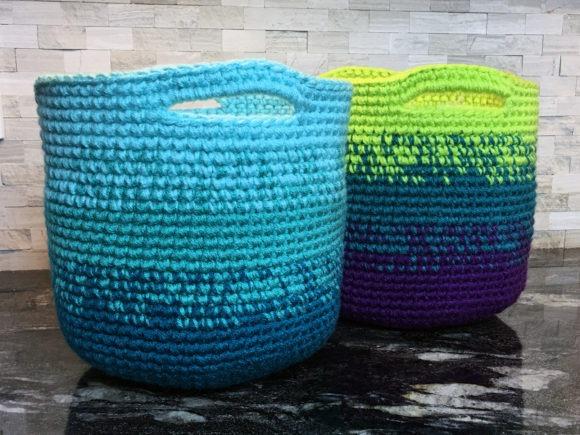 Cutie Utility Basket Crochet Pattern — crochet basket patterns Crochet basket patterns in blue, green, and purple colors with handles.