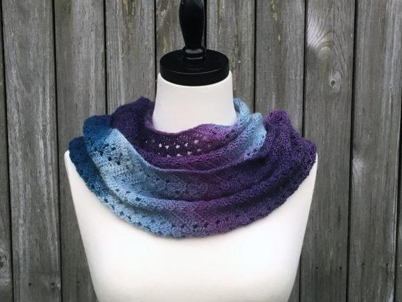 Fall Infinity Scarf Crochet Pattern — Crochet Scarf Patterns Crochet scarf in gradient shades of blue and purple on a mannequin. — Crochet Scarf Patterns