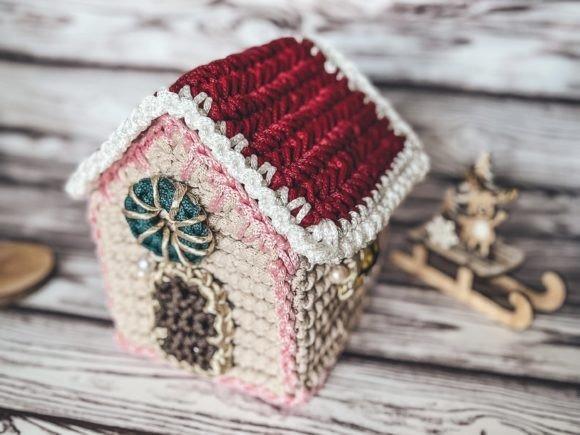 Gingerbread House Crochet Pattern — Crochet Christmas Ornaments Patterns Crochet gingerbread house ornament with red roof and decorative details — Crochet Christmas Ornaments Patterns