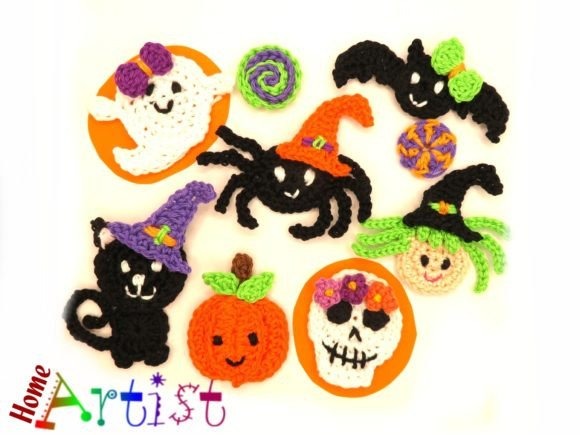 Halloween Crochet Appliqué Set — Crochet Halloween Patterns Crochet Halloween appliqué motifs including ghosts, bats, and pumpkins. — Crochet Halloween Patterns