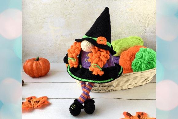 Halloween Witch Gnome Doll — Crochet Halloween Patterns Crochet Halloween Witch Gnome Doll in black hat and orange hair — Crochet Halloween Patterns