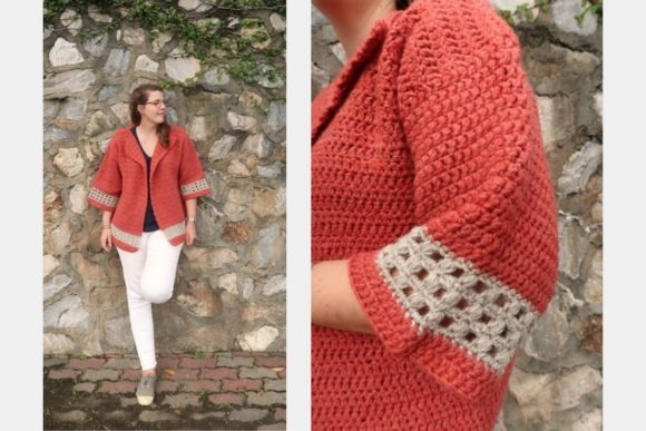 Hometown Chunky Cardigan — crochet sweater patterns Hometown Chunky Cardigan in coral color with eyelet details — crochet sweater patterns
