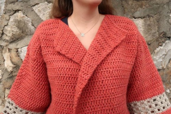 Hometown Chunky Cardigan — crochet sweater patterns Hometown Chunky Cardigan in a warm color with oversized sleeves — crochet sweater patterns