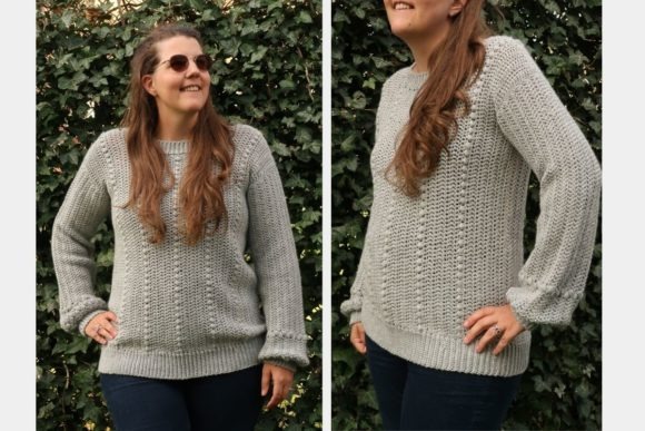 Kate Sweater Design — crochet sweater patterns Crochet sweater with balloon sleeves and textured stitch in gray. — crochet sweater patterns