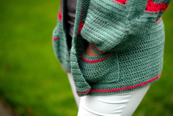 Mathilda's Cardigan — crochet sweater patterns Crochet sweater patterns featuring a green cardigan with red accents and pockets.