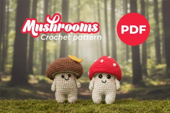 Mini Crochet Mushrooms — mini amigurumi patterns Mini amigurumi patterns featuring crochet mushrooms in a forest setting.
