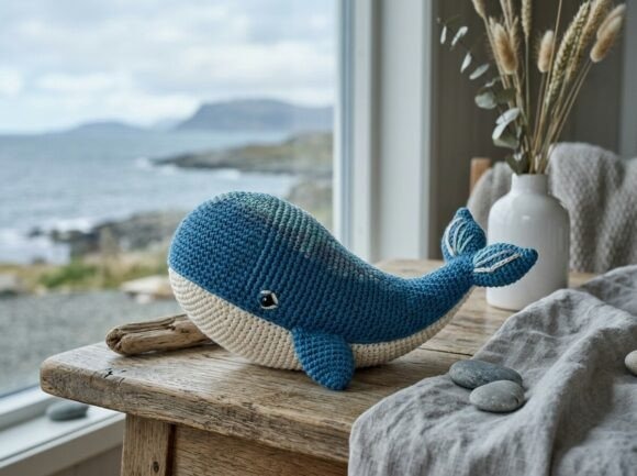 Cute Amigurumi Whale — cute amigurumi patterns Cute amigurumi whale in blue and cream yarn on a wooden table by the sea — cute amigurumi patterns