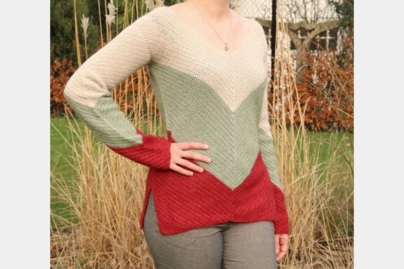Olivia Sweater Pattern — crochet sweater patterns Olivia Sweater featuring V-shaped color-block design in green, beige, and red. — crochet sweater patterns