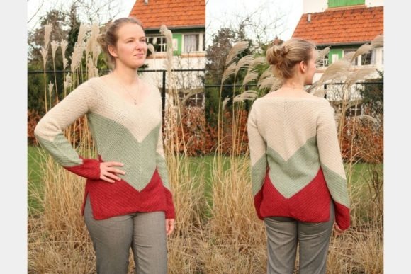 Olivia Sweater Design — crochet sweater patterns Crochet sweater with V-shaped color-block design in beige, green, and red. — crochet sweater patterns