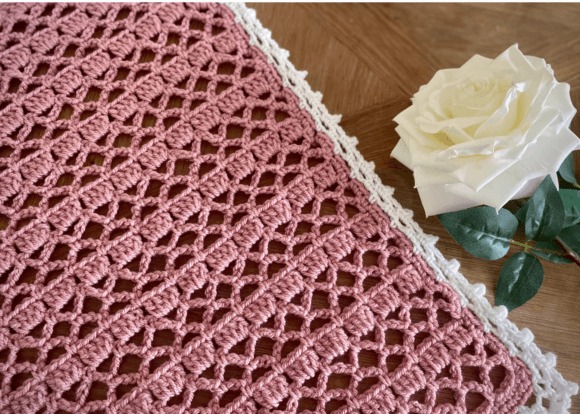 Rose Trellis Crochet Blanket — mosaic crochet blanket patterns Rose Trellis crochet blanket pattern in soft pink with white trim — mosaic crochet blanket patterns