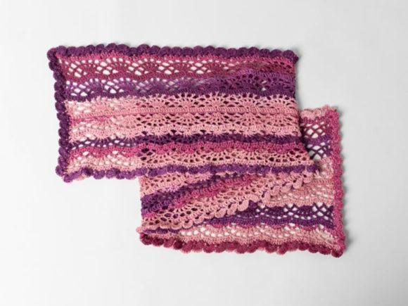 Scroll Lace Scarf Crochet Pattern — crochet shawl patterns Crochet shawl patterns featuring a Scroll Lace Scarf in pink and purple hues.