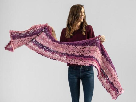 Scroll Lace Scarf Crochet Pattern — crochet shawl patterns Crochet shawl patterns featuring a Scroll Lace Scarf in pink and purple hues.