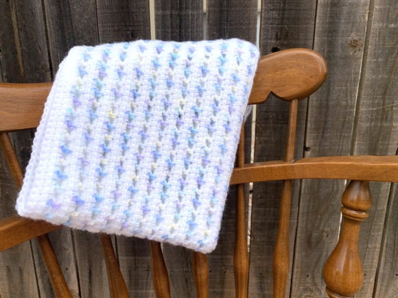 Sherbet Baby Blanket Crochet Pattern — mosaic crochet blanket patterns Mosaic crochet blanket pattern in pastel colors on a wooden chair — mosaic crochet blanket patterns
