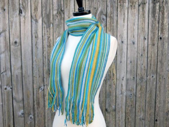Simply Striped Scarf — Crochet Scarf Patterns Crochet scarf with stripes in blue and yellow colors — Crochet Scarf Patterns