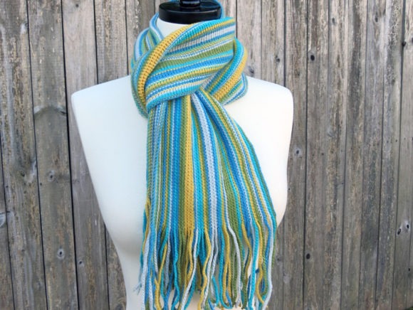 Simply Striped Scarf — Crochet Scarf Patterns Crochet scarf with stripes in blue and yellow colors — Crochet Scarf Patterns