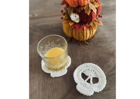 Skull Coaster Crochet Pattern — Crochet Halloween Patterns Skull coaster crochet pattern with a glass on top — Crochet Halloween Patterns