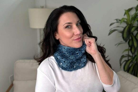 So Sweet Crochet Cowl — Crochet Scarf Patterns So Sweet Crochet Cowl in blue worn by a model — Crochet Scarf Patterns