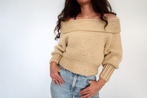 Sultry Shoulder Crochet Sweater — crochet sweater patterns Crochet sweater with distinctive shoulder detail in beige. — crochet sweater patterns
