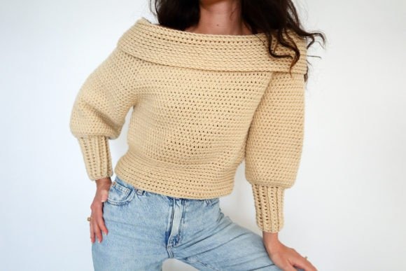 Sultry Shoulder Crochet Sweater — crochet sweater patterns Crochet sweater with distinctive shoulder detail in beige — crochet sweater patterns