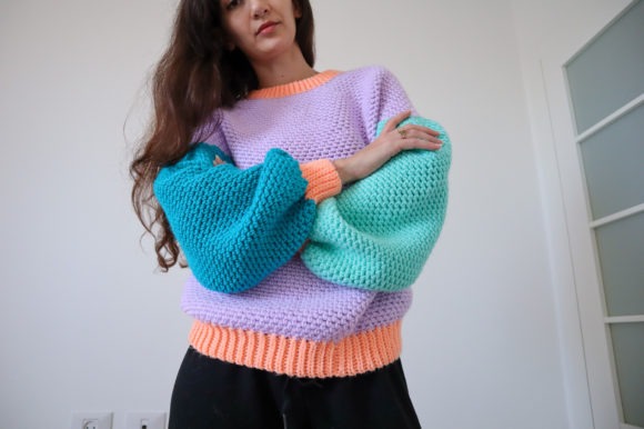 Colorful Crochet Sweater — crochet sweater patterns Crochet sweater with balloon sleeves in purple, teal, and orange. — crochet sweater patterns