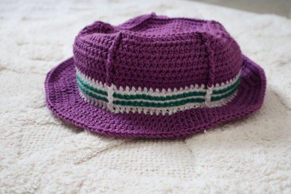 Crochet Bucket Hat — crochet bucket hat patterns Crochet bucket hat in purple with green and white stripes — crochet bucket hat patterns