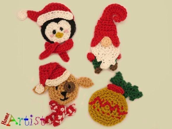 Christmas Crochet Applique Motifs — Christmas Crochet Patterns Christmas crochet appliqué motifs including a penguin, gnome, reindeer, and ornament. — Christmas Crochet Patterns