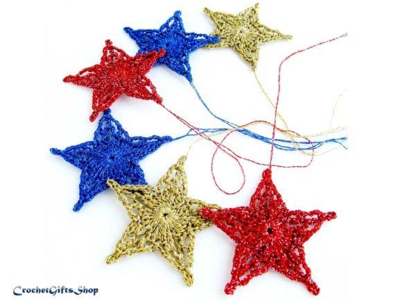 Christmas Star Crochet Patterns — Christmas Crochet Patterns Christmas crochet patterns featuring star ornaments in red, blue, and gold.