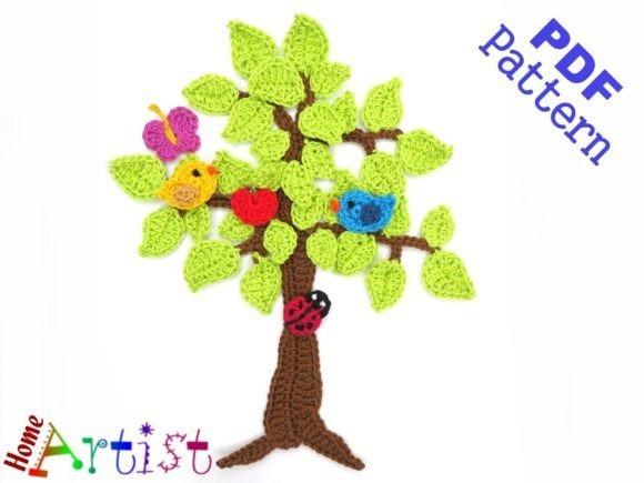 Tree Set Crochet Applique Pattern — Christmas Crochet Patterns Christmas Crochet Patterns featuring a tree appliqué with colorful birds and leaves