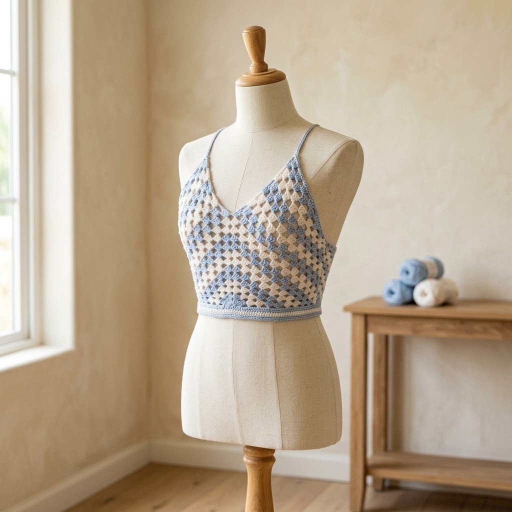 Summer Breeze Crop Top — crochet tops patterns Crochet tops patterns featuring a Summer Breeze Crop Top on a mannequin.