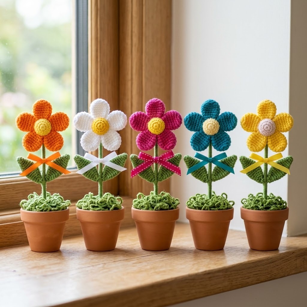 Crochet Flowers in Pots — things to crochet for creative handmade Colorful crochet flowers in pots for creative handmade projects. — things to crochet for creative handmade