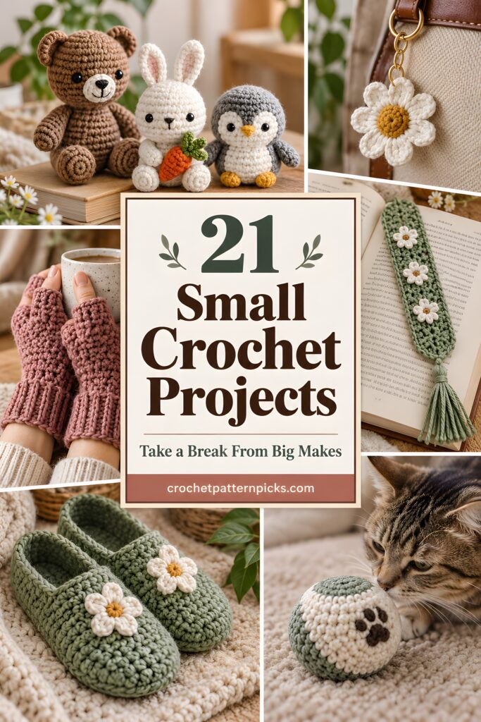 21 Small Crochet Projects featuring amigurumi, mitts, and home decor items. — Small Crochet Projects:
