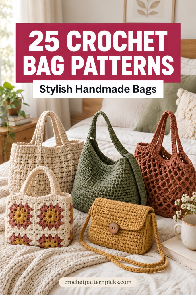 25 Crochet Bag Patterns 25 crochet bag patterns showcasing stylish handmade bags on a bed.