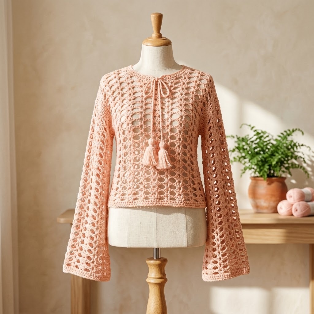 Shanaya Crochet Top Pattern — crochet tops patterns Crochet tops patterns featuring a mesh design with bell sleeves.